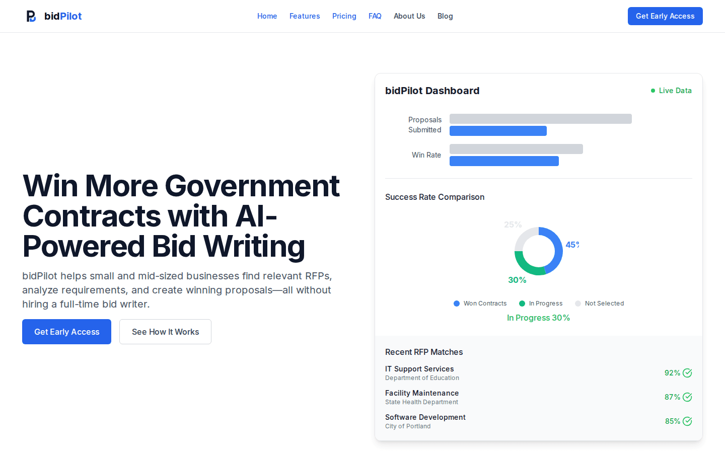 bidPilot landing page: AI-powered bid writing dashboard with RFP matches and win-rate charts