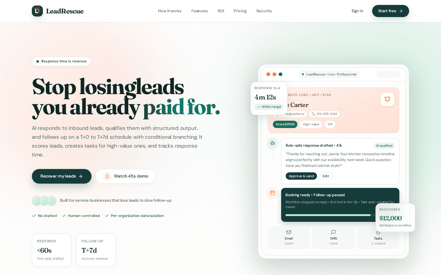 LeadRescue landing page: AI lead response dashboard recovering a high-value website lead
