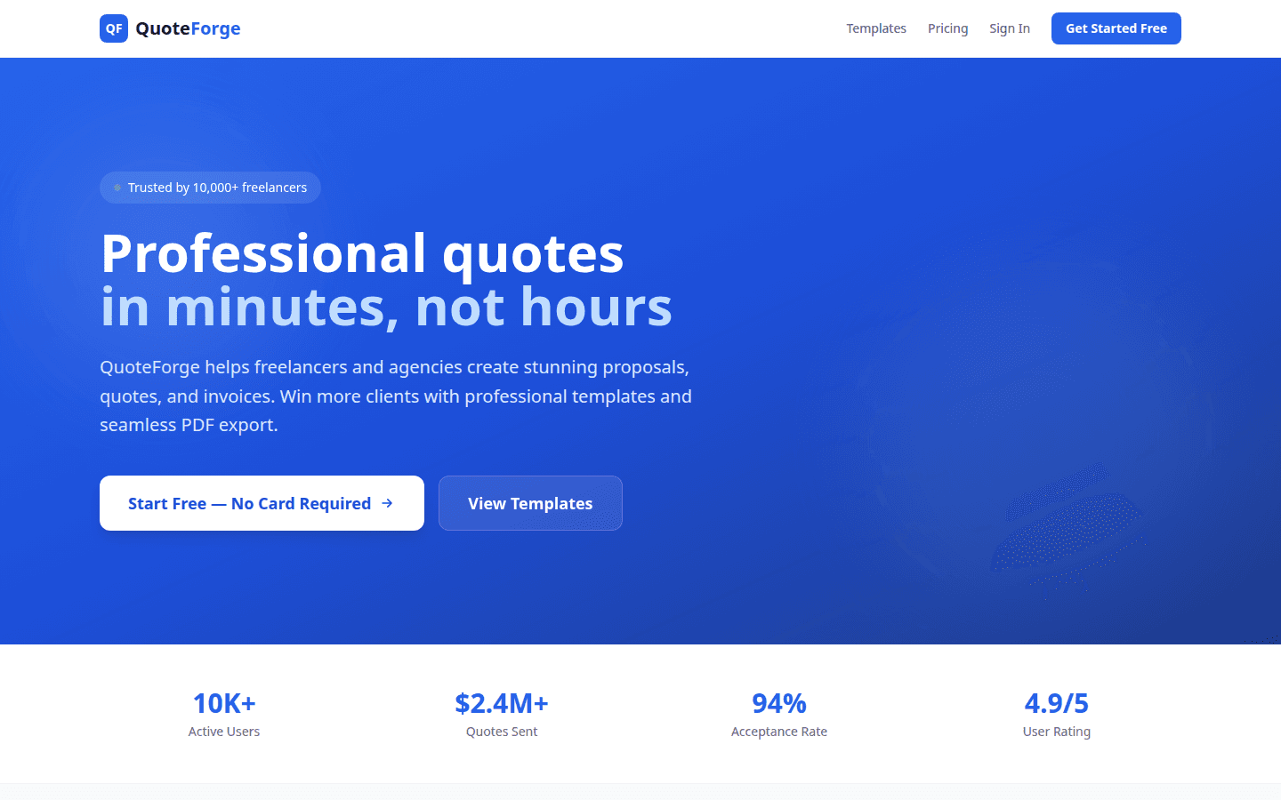 QuoteForge landing page: professional quote and proposal generator for freelancers