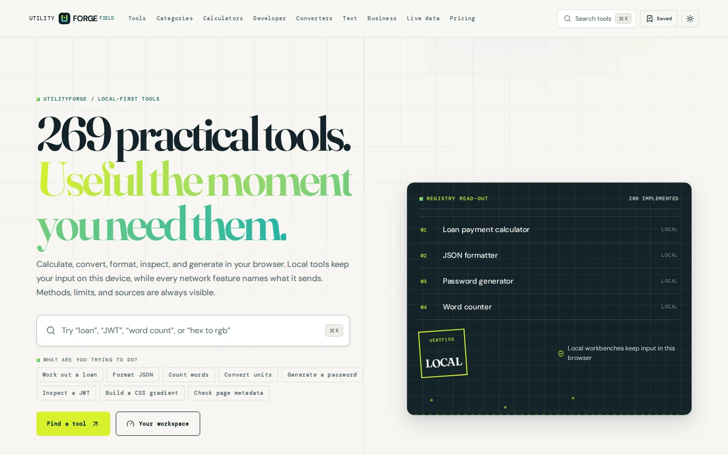 UtilityForge 269 local-first tools workbench dashboard